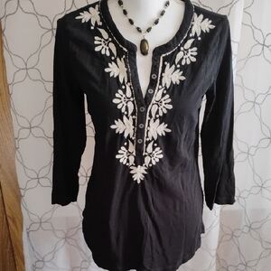 Lucky Brand Black Tunic with Cream Floral Embroidered Placket